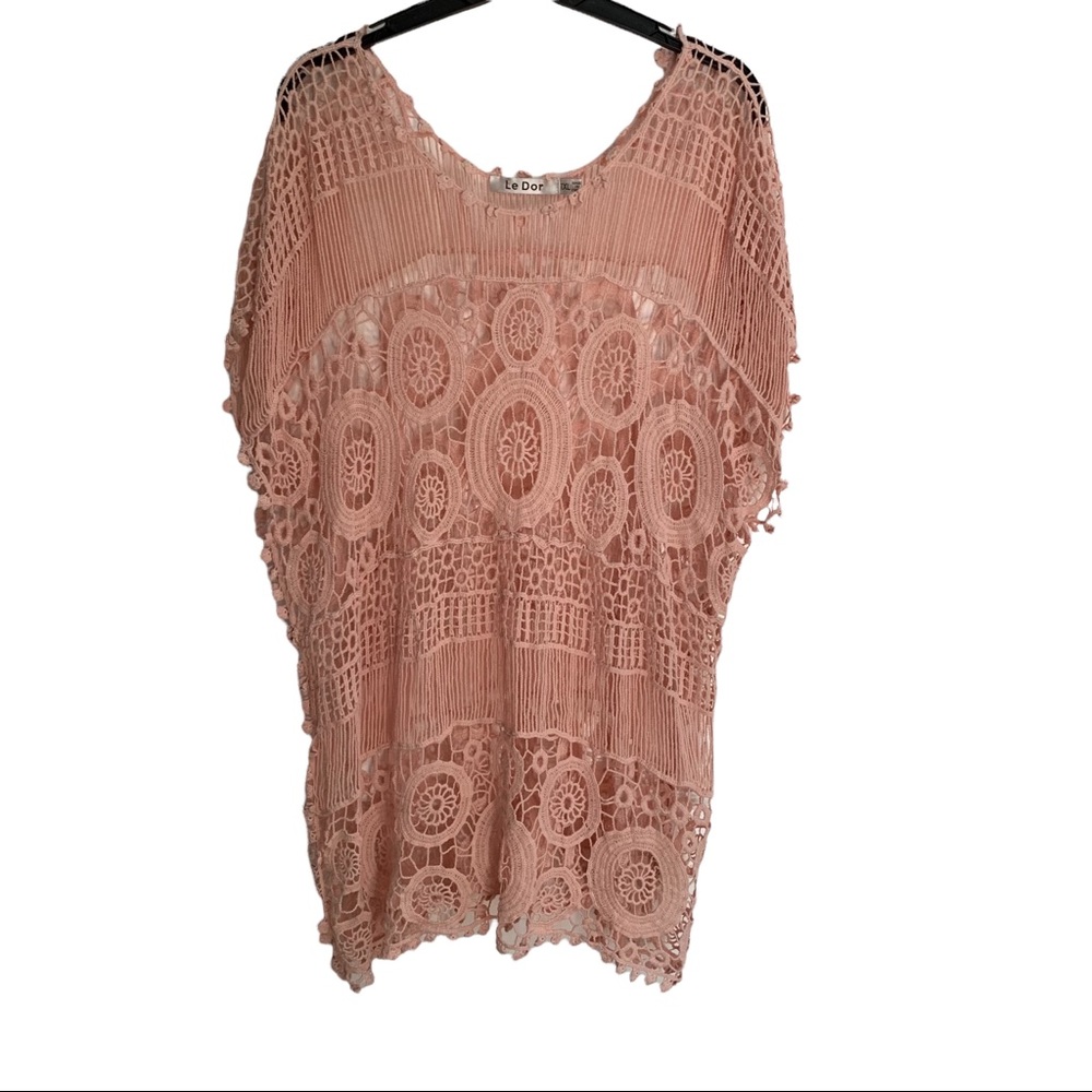 Le Dor Women's Peach Round Neck Lace Kaftan Sleeve Pullover Tunic Top Size 1XL